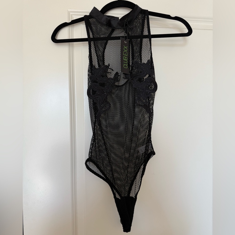 Dolls Kill Club Exx - Black Mesh Bodysuit with Dragon Design - NWT